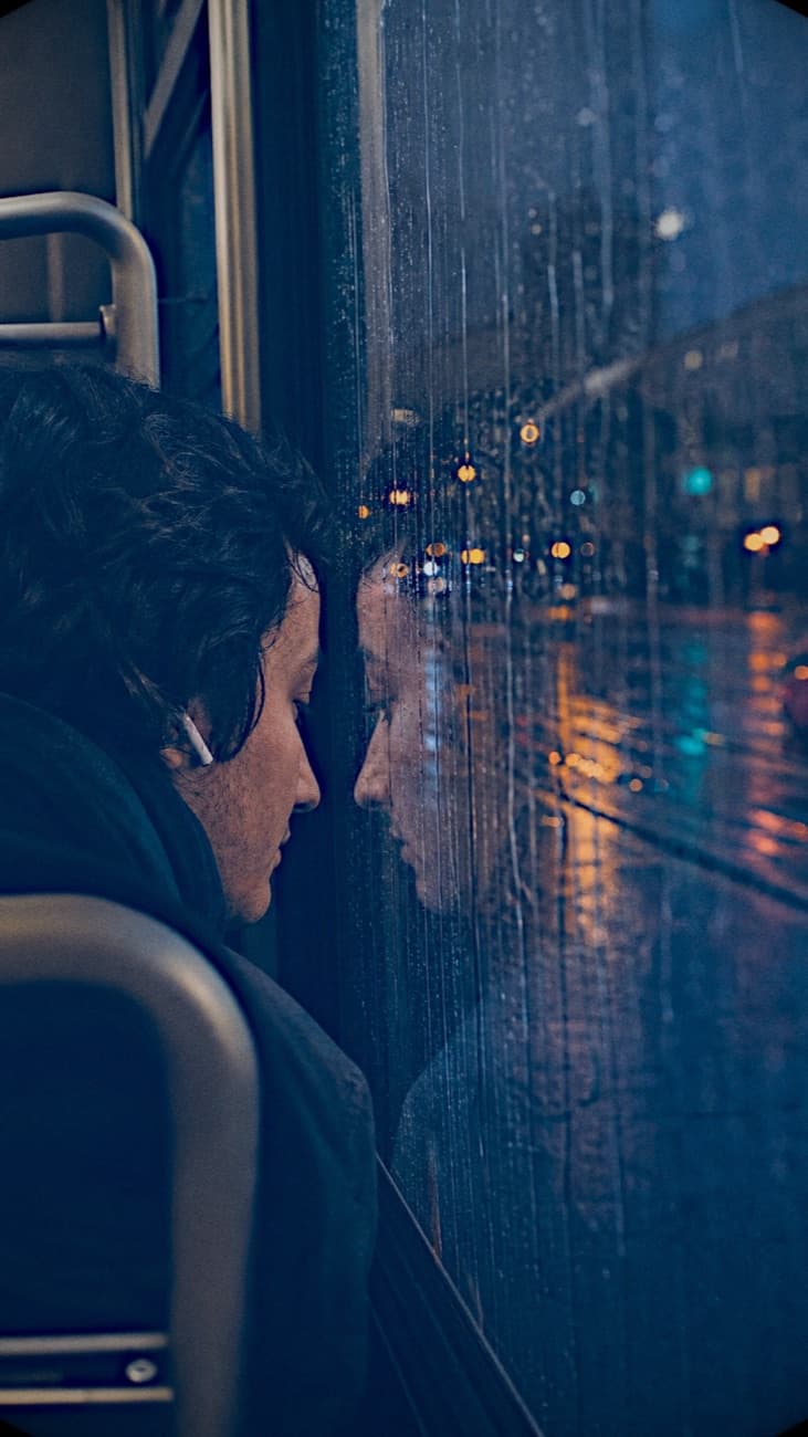 A rainy bus window photographed with Tumble